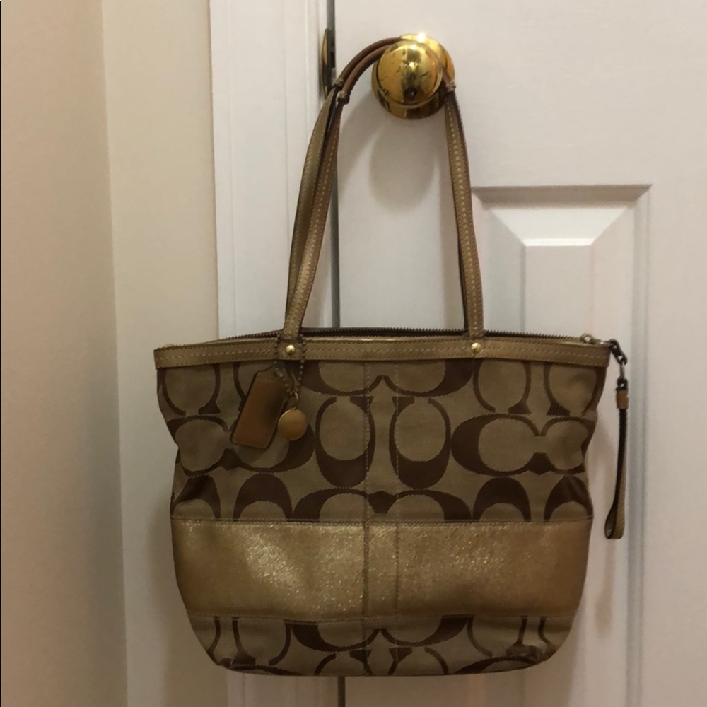 Gold Coach Signature Stripe Tote Bag